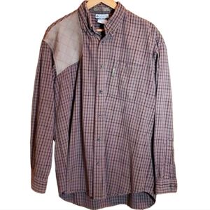 COLUMBIA SPORTSWEAR L BROWN PLAID W/LEATHER SHOULDER LONGSLEEVE BUTTON DOWN
